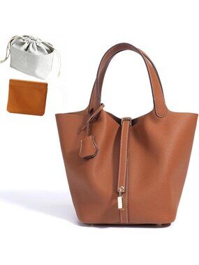 Stylish Genuine Leather Bucket Bag with Lock Design - Fashionable Handbag for